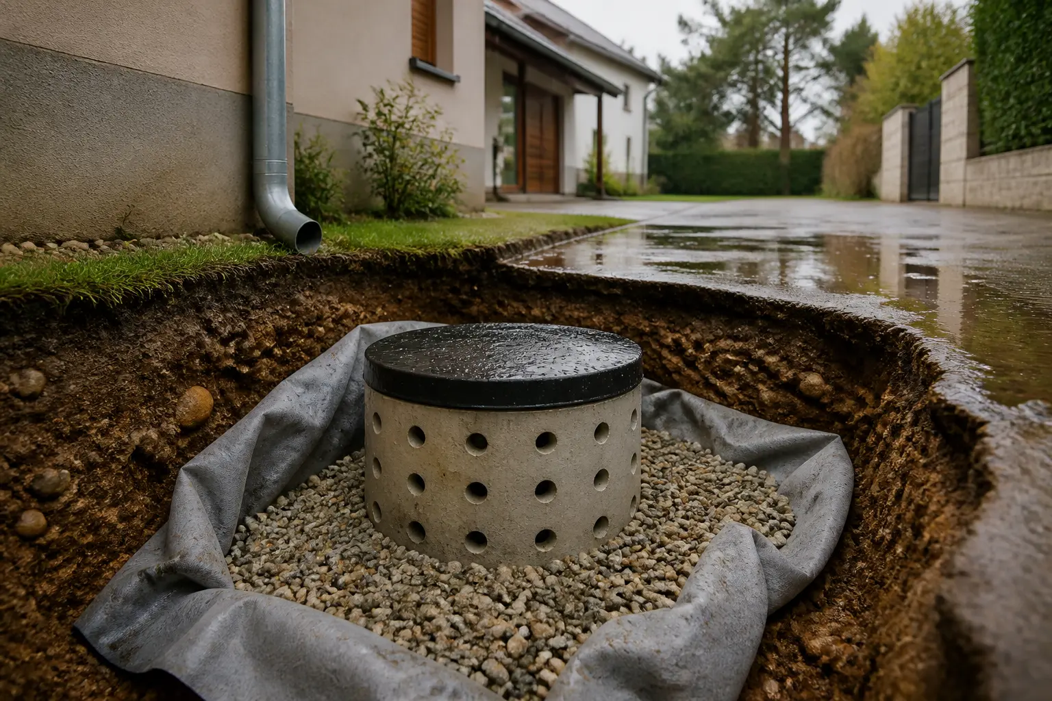 Puisard enterré pour drainage d’eau de pluie près d’une maison, gouttière, gravier et sol humide après l’averse