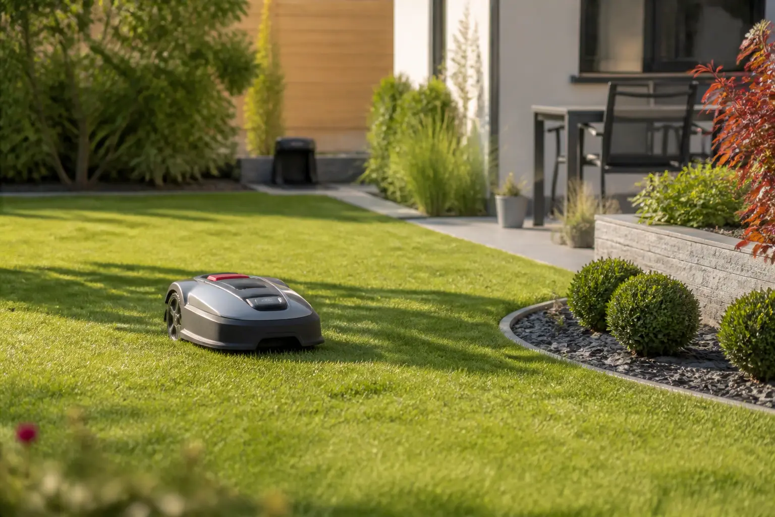 Robot tondeuse parkside dans un jardin résidentiel soigné, tondant une pelouse nette près des bordures et du chargeur.
