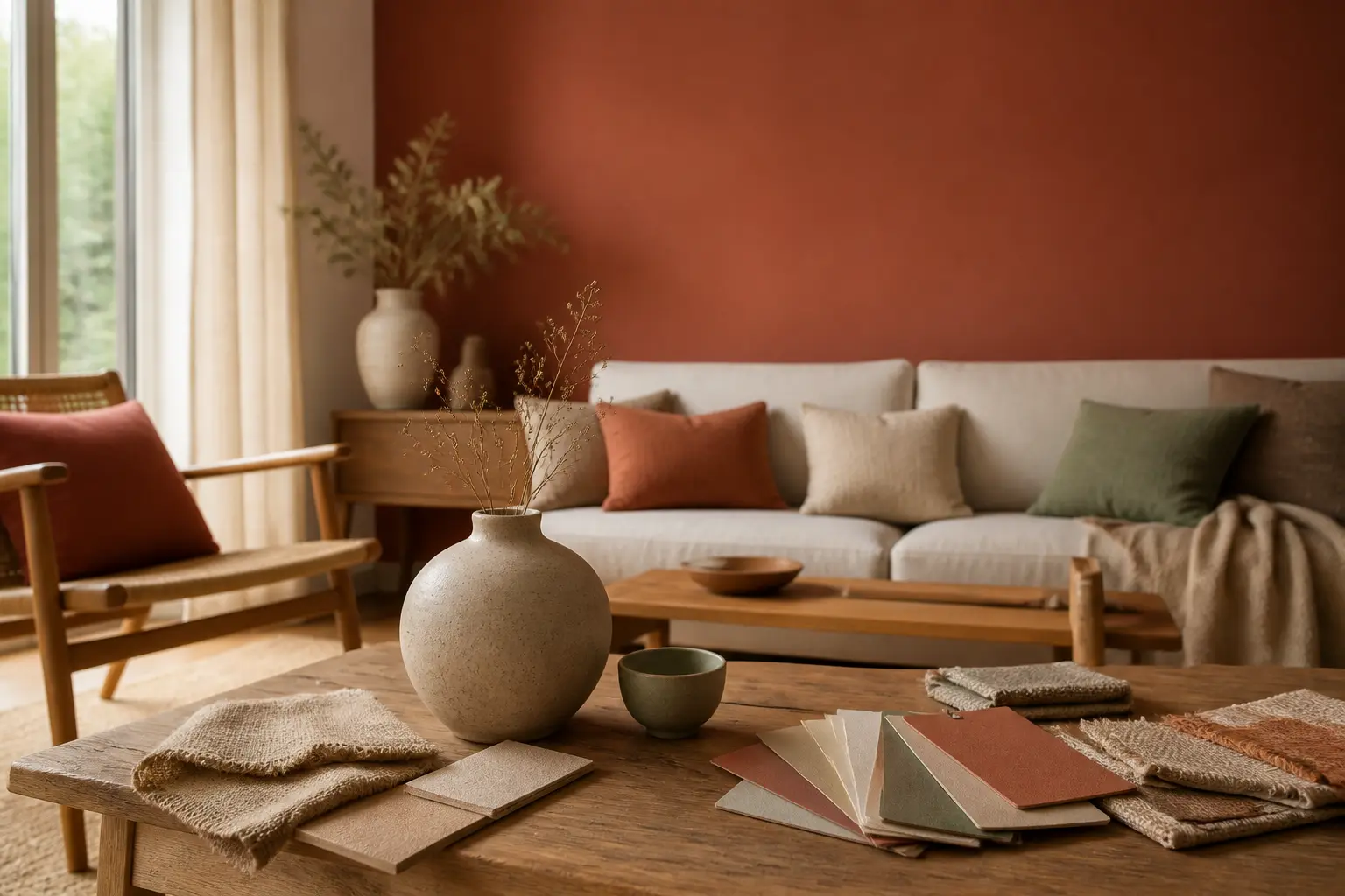 Salon contemporain avec mur terracotta, canapé en lin, bois naturel et nuanciers de peinture sous lumière douce.
