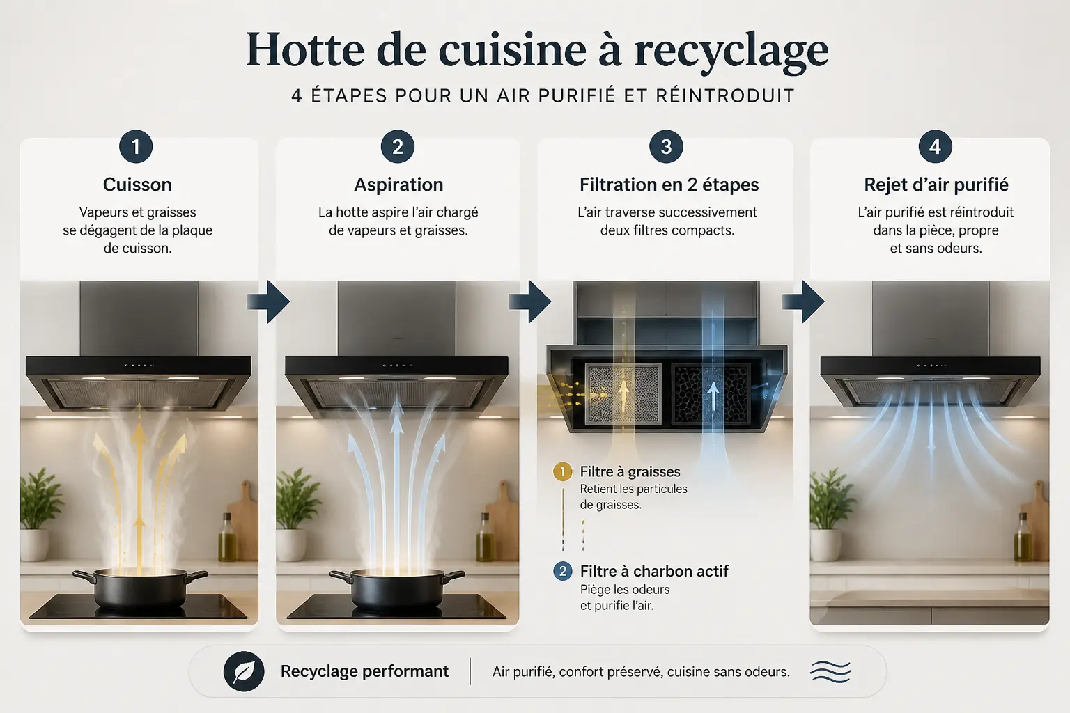 Comment fonctionne une hotte à recyclage, étape par étape ?