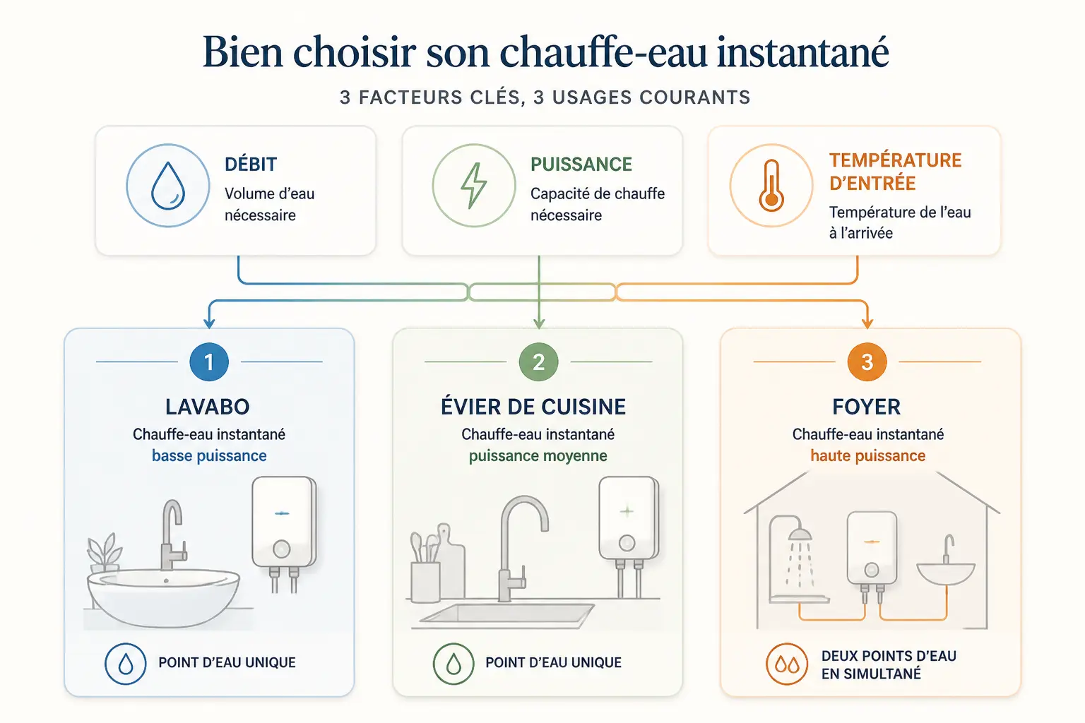 Quelle puissance viser selon le point d’eau, le débit et le nombre d’occupants ?