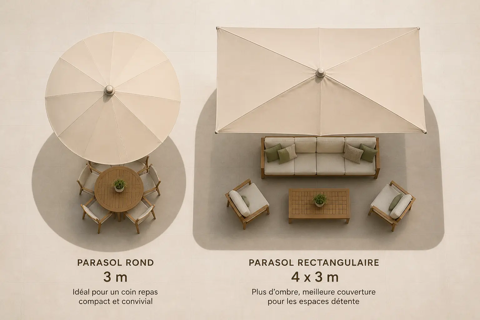 Dimensions standard et formes : ce qui couvre le mieux sans surcharger la terrasse