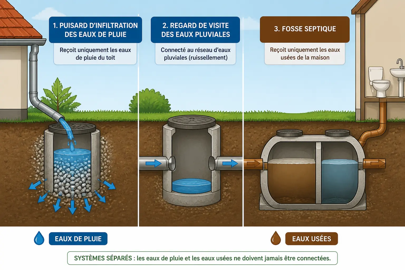 Puits perdu, regard pluvial, fosse septique : les différences à connaître avant de choisir