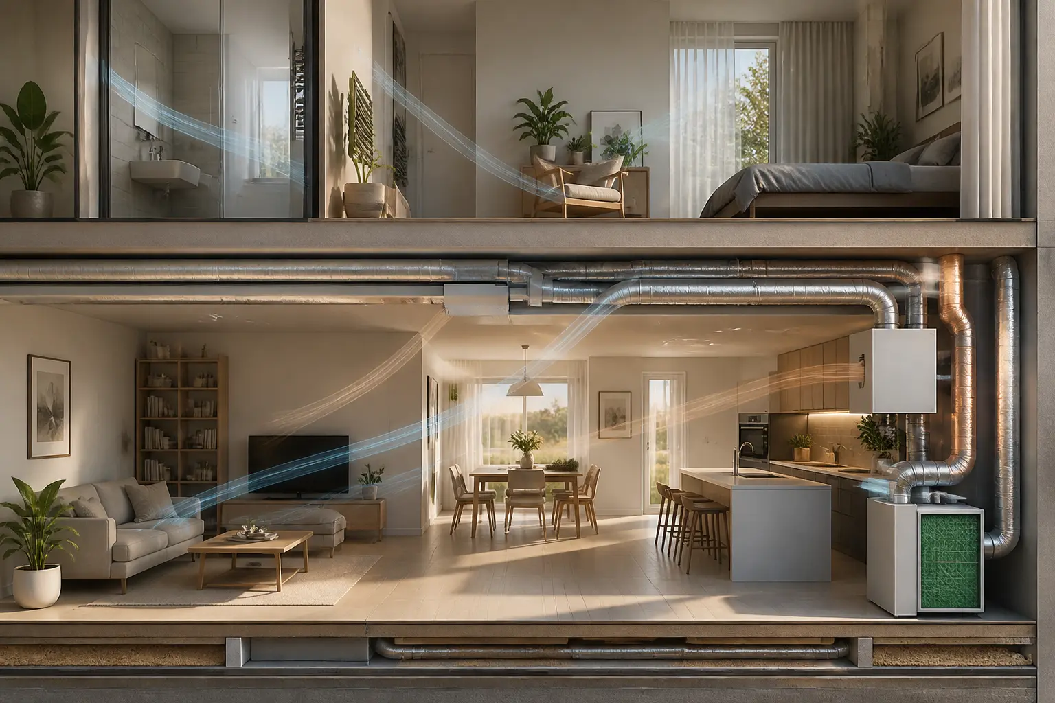 Aéraulique d’une maison moderne avec circulation d’air, ventilation, filtres et confort intérieur naturel