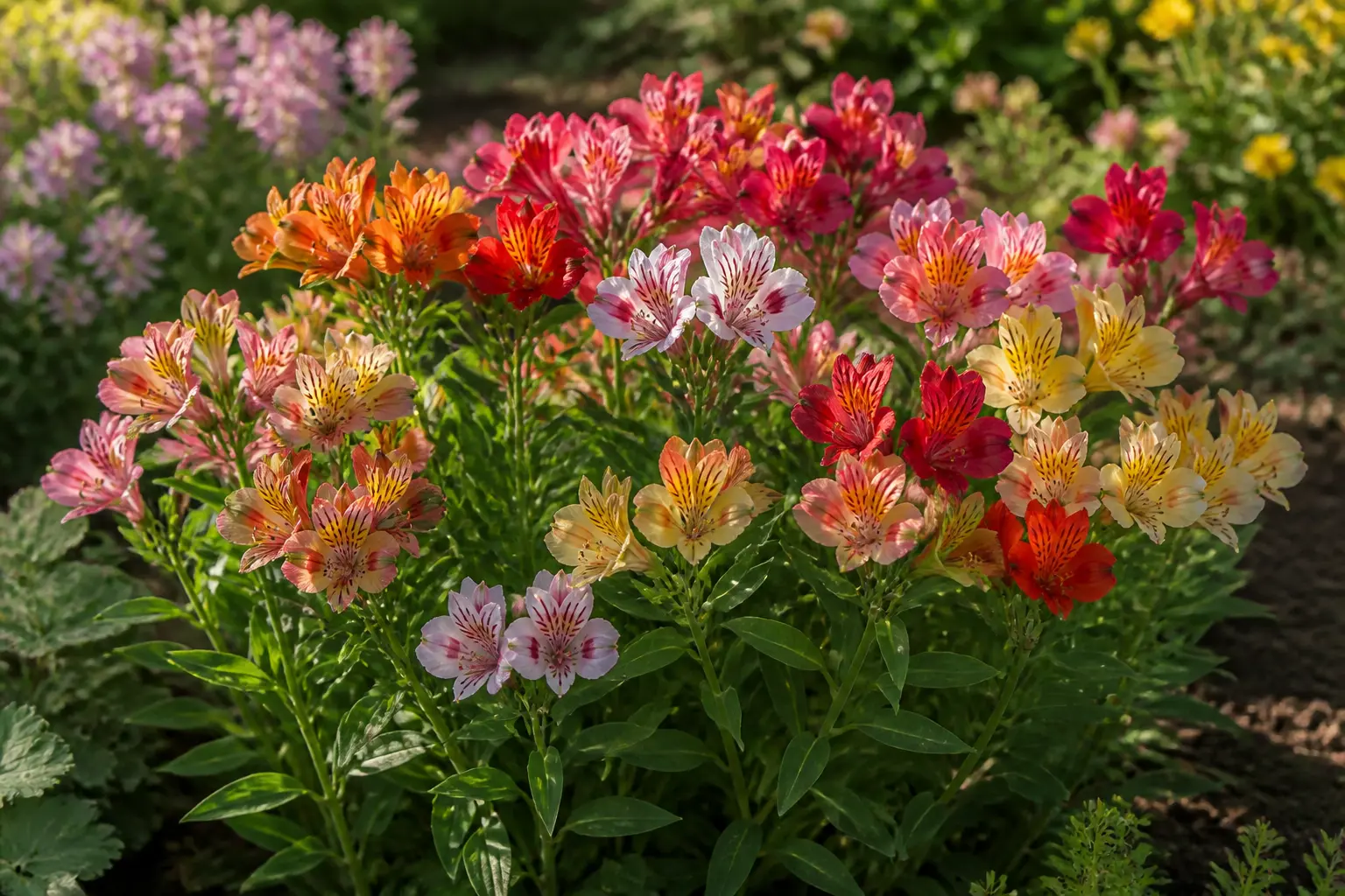 Alstroemeria en fleurs dans un jardin luxuriant, bouquet dense aux pétales roses, orange, jaunes, rouges et blancs.
