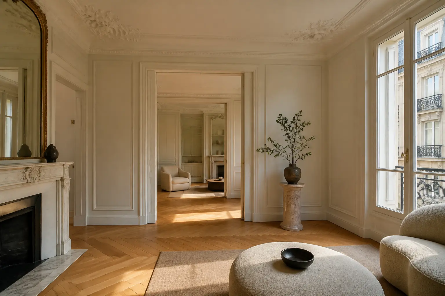 Appartement haussmannien parisien lumineux, moulures, parquet point de Hongrie, cheminée en marbre et boiseries élégantes