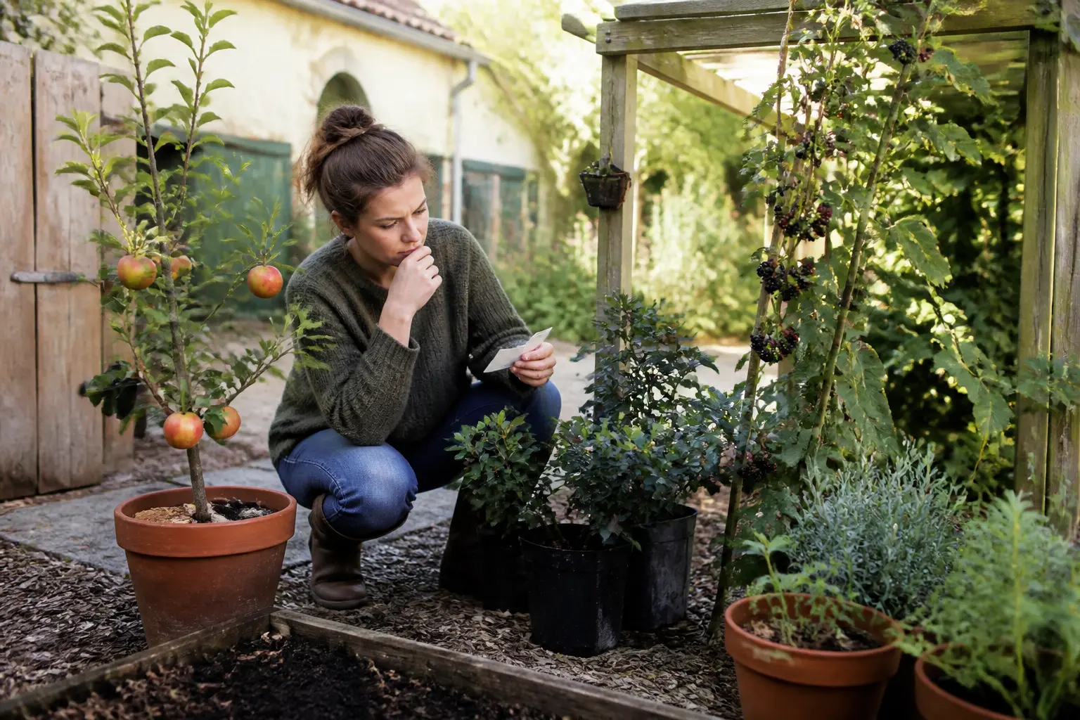 Jardin français avec arbre fruitier compact, arbustes à baies et vigne sur treillis, jardinier choisissant la bonne option