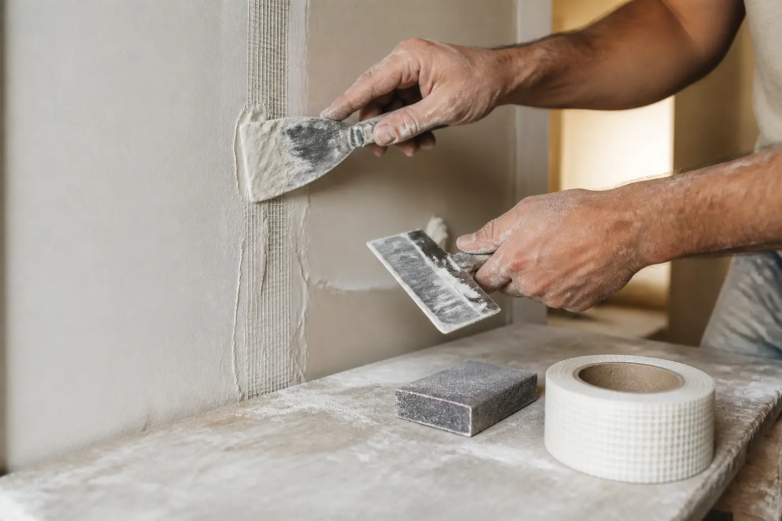 Mains d’un plâtrier posant une bande calicot sur un joint de placo fissuré, avec outils de rénovation à côté.