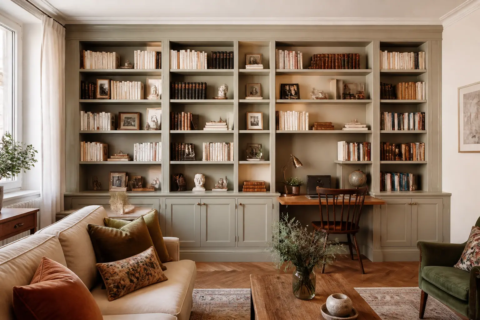 Bibliothèque sur mesure intégrée dans un salon français chaleureux, avec rangements et coin bureau discret.
