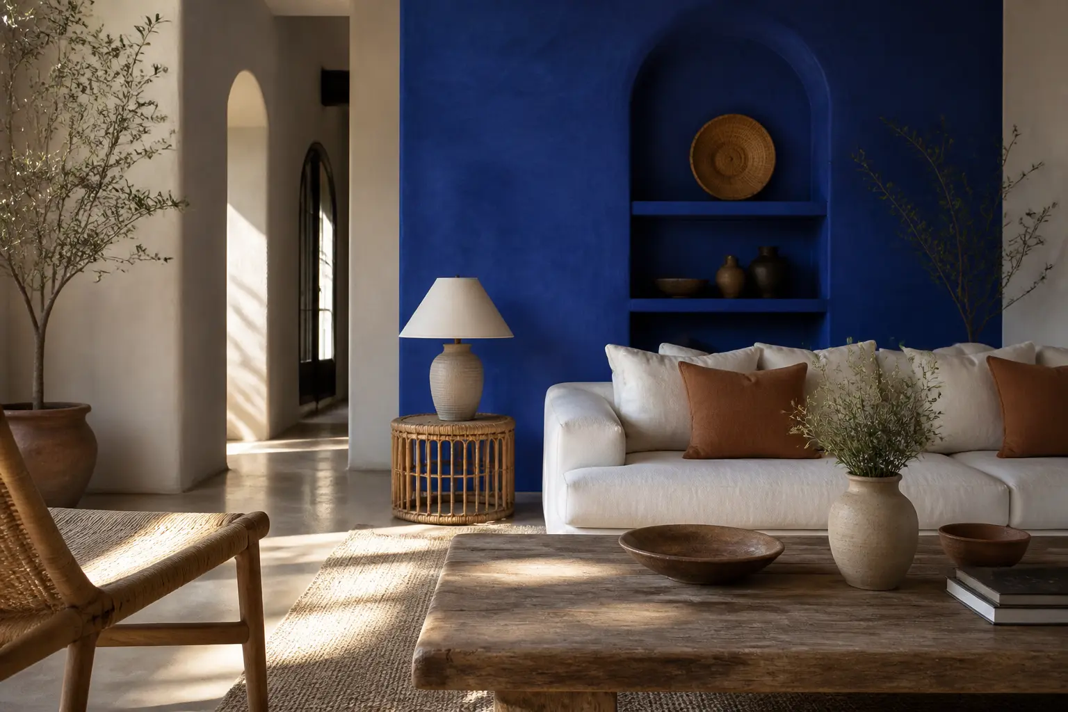 Salon contemporain avec mur bleu majorelle, bois clair, lin et rotin, ambiance Marrakech raffinée, lumière naturelle