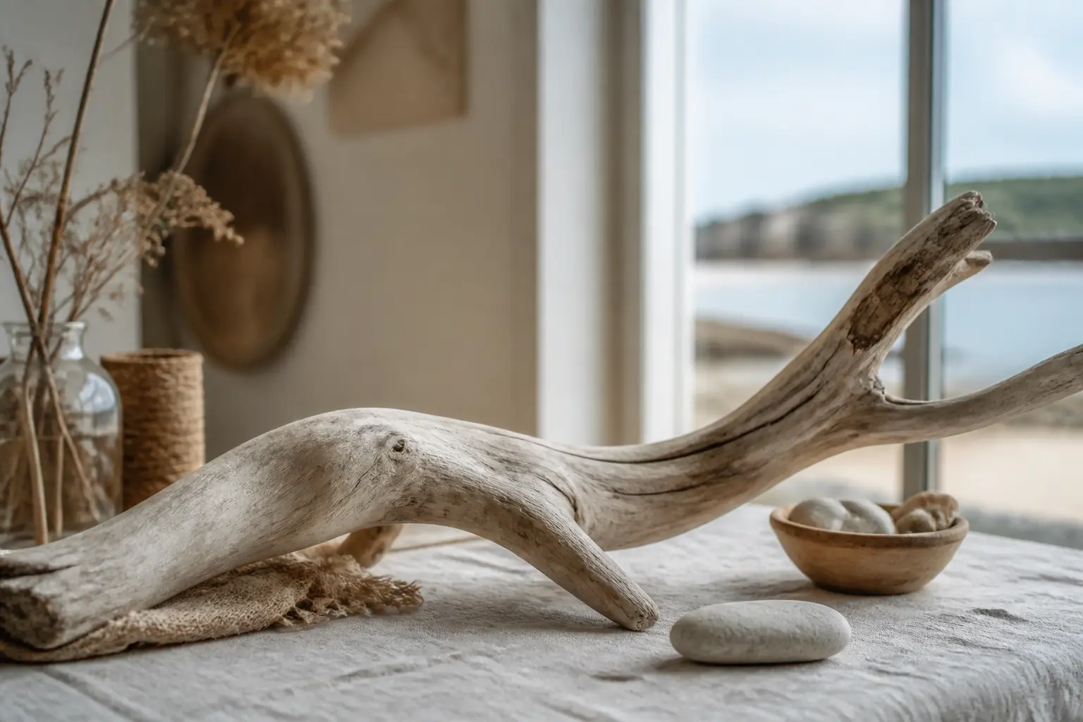 Bois flotté clair sur table en lin près d’une fenêtre, décor côtier français naturel et raffiné