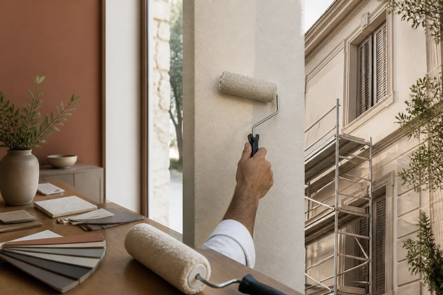 caparol peinture pour rénovation intérieure et façade, rouleaux, nuanciers et main de peintre sur mur moderne