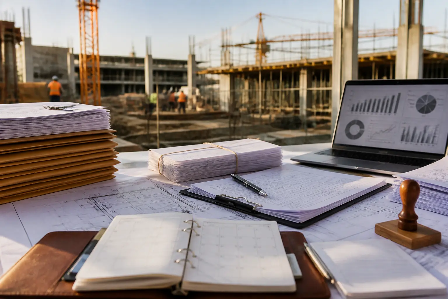 ccag travaux : chantier en arrière-plan et dossiers contractuels, plans, calendrier et ordinateur sur un bureau administratif