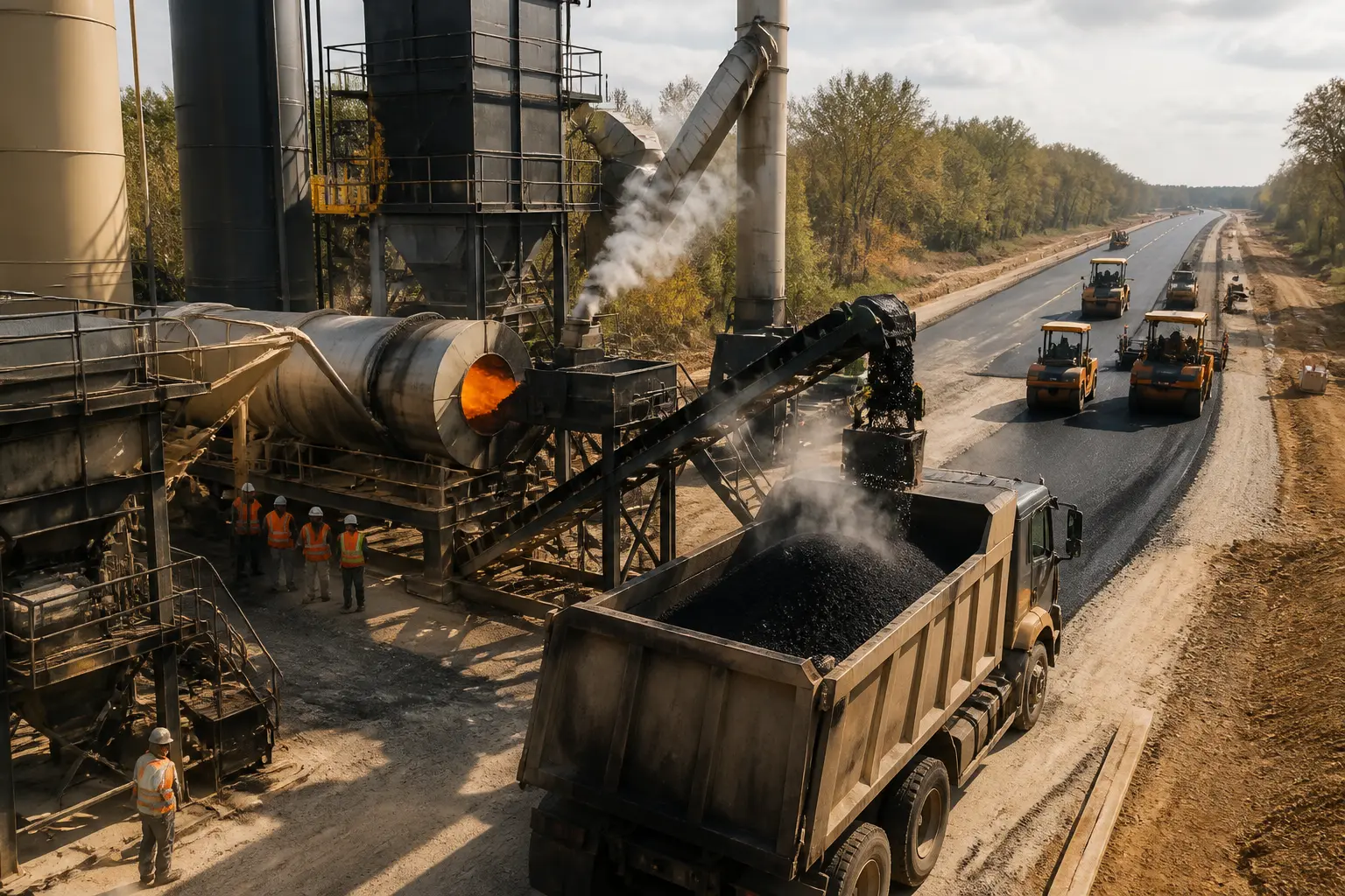 Centrale enrobé moderne chargeant l’asphalte dans des camions, chantier routier en arrière-plan, ouvriers et engins en action