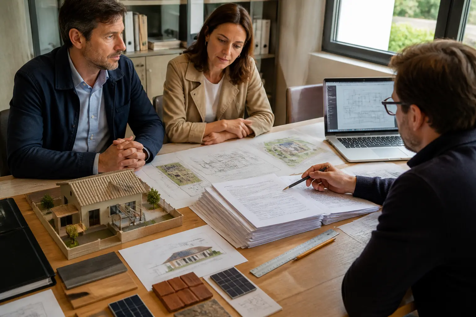 cerfa 13703 sur un bureau d’urbanisme avec propriétaire et architecte, plans, formulaires et outils de mesure pour rénovation de maison