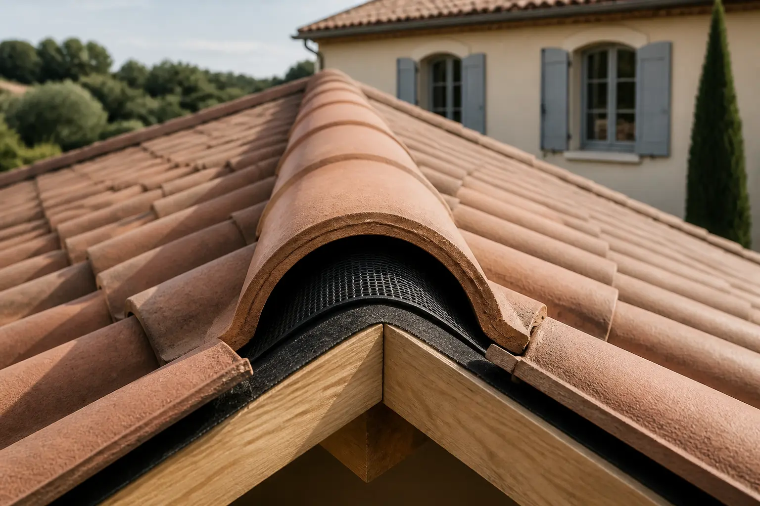 Closoir de faîtage sur toiture rénovée, montrant l’étanchéité et la ventilation entre deux pans de toit en tuiles terracotta