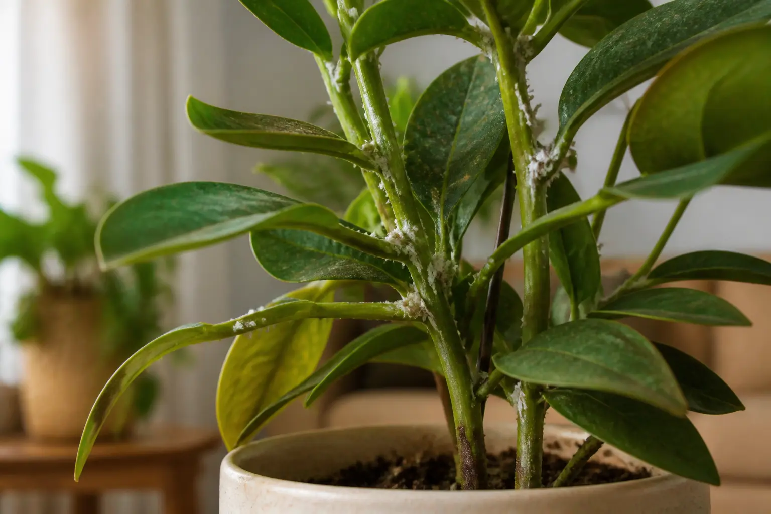 Plante d’intérieur infestée de cochenilles farineuses, amas blancs sur tiges et feuilles, feuillage jauni et affaibli