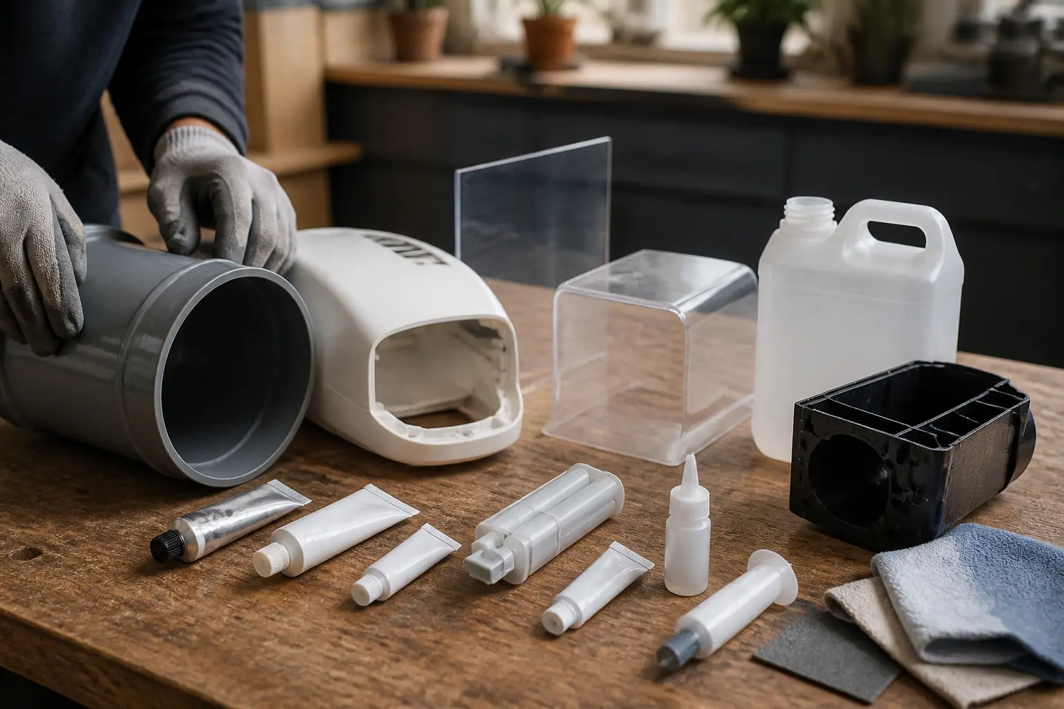 Coller plastique : sélection d’adhésifs pour PVC, ABS, PMMA, polycarbonate, PE et PP sur établi d’atelier.