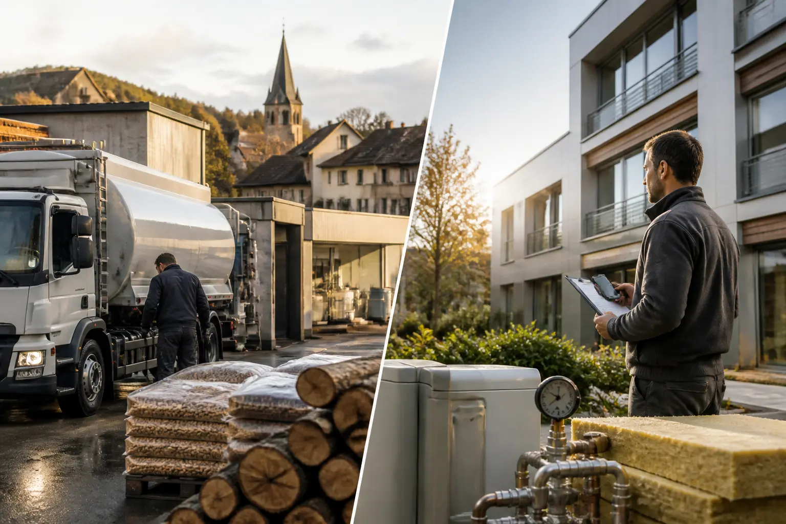 cpe énergies : camion-citerne, pellets, bois et technicien auditant un bâtiment économe en énergie en France