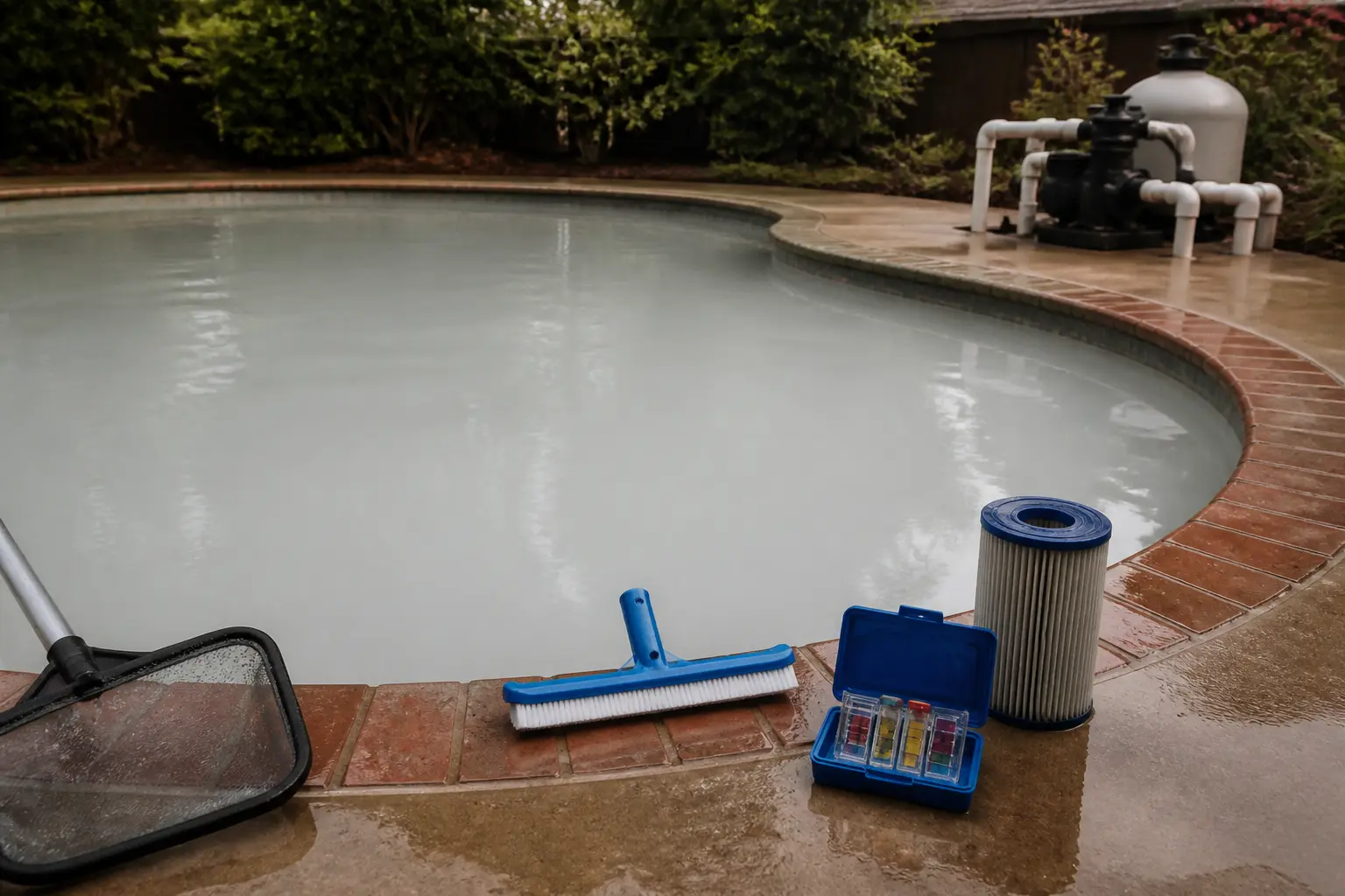 Eau trouble piscine dans un bassin résidentiel, avec skimmer, test d’eau et matériel d’entretien au bord.