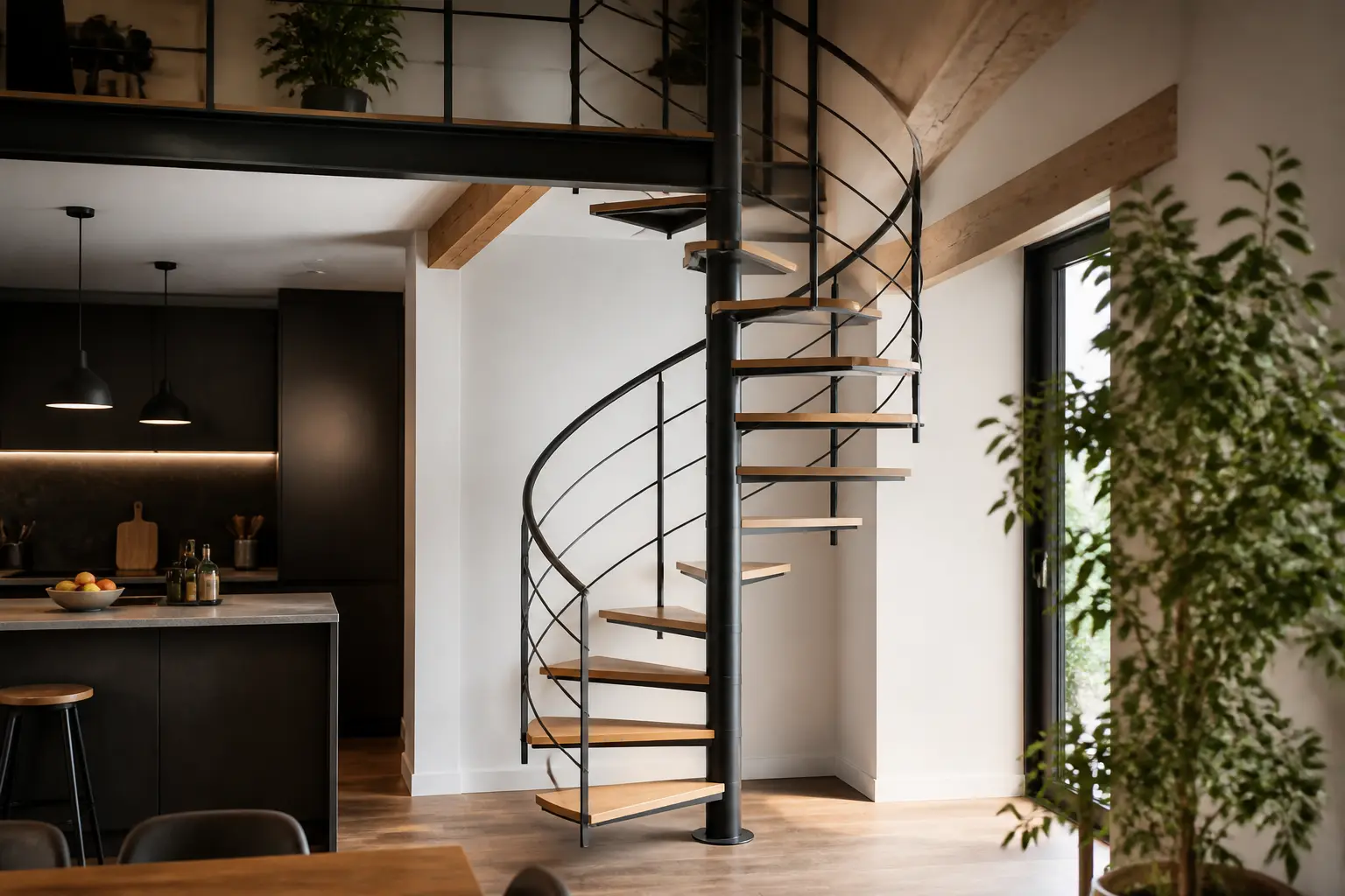 Escalier en colimaçon compact dans un intérieur moderne, design élégant et gain de place pour mezzanine.