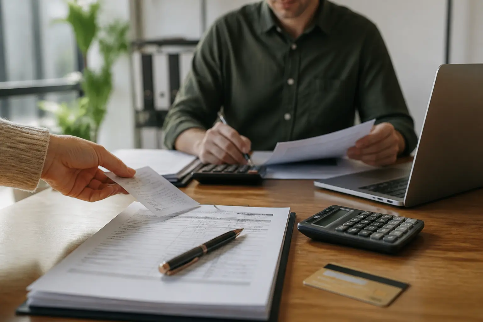 Facture d'acompte sur bureau d’entreprise avec calculatrice, ordinateur, carte bancaire et comptable en arrière-plan