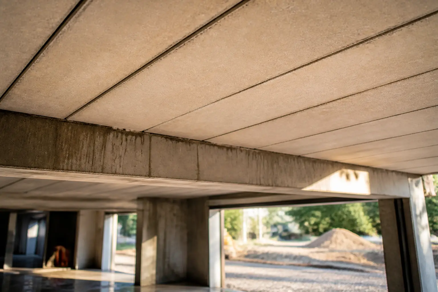 Sous-face de dalle béton en garage avec panneaux isolants fibraroc posés au plafond, finition soignée et réaliste