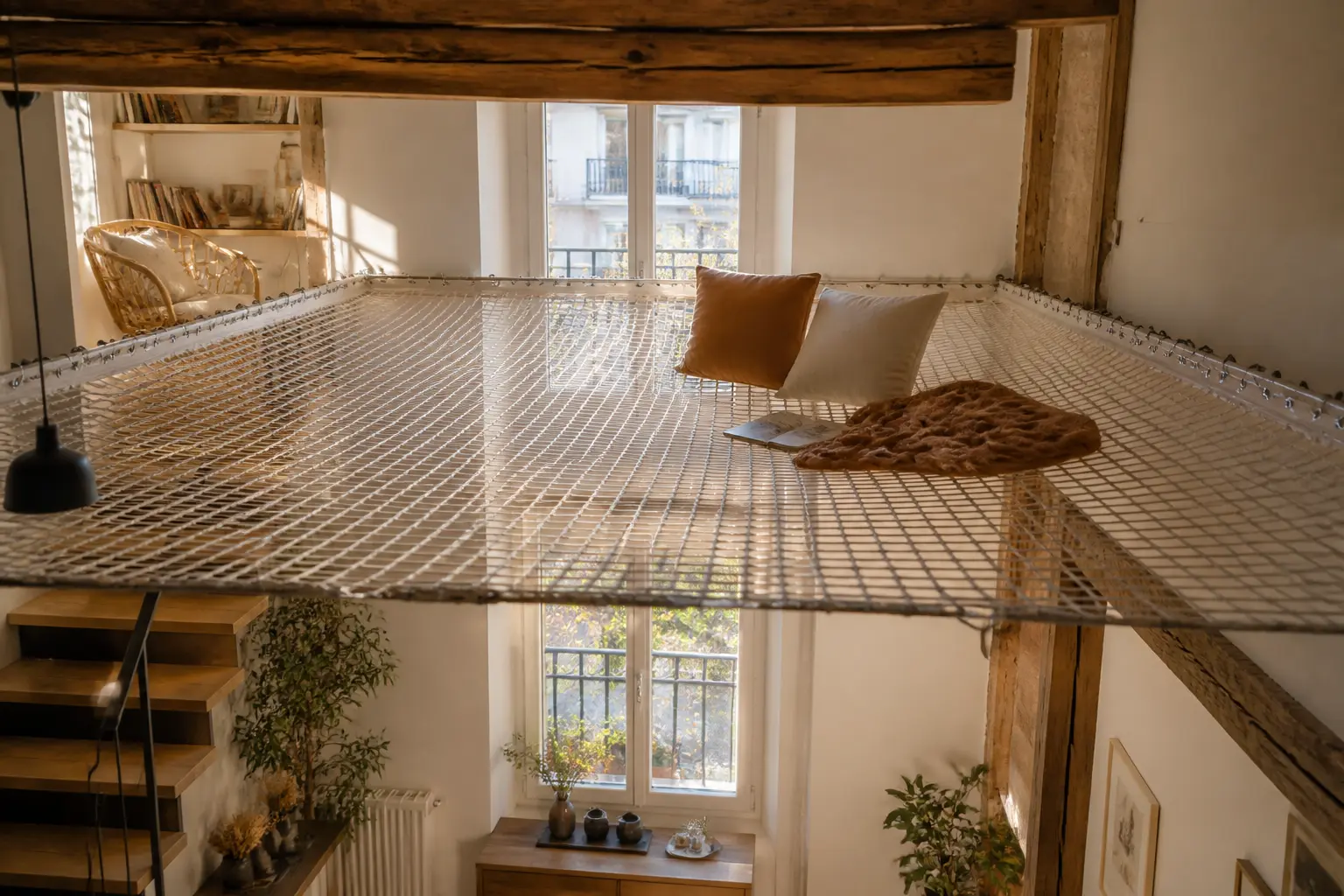 Filet mezzanine dans un appartement français moderne, au-dessus d’un salon lumineux, ambiance chaleureuse et élégante