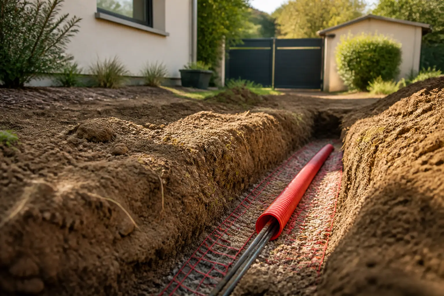 Fourreau electrique rouge dans une tranchée de jardin, installation enterrée sécurisée près d’une maison moderne.