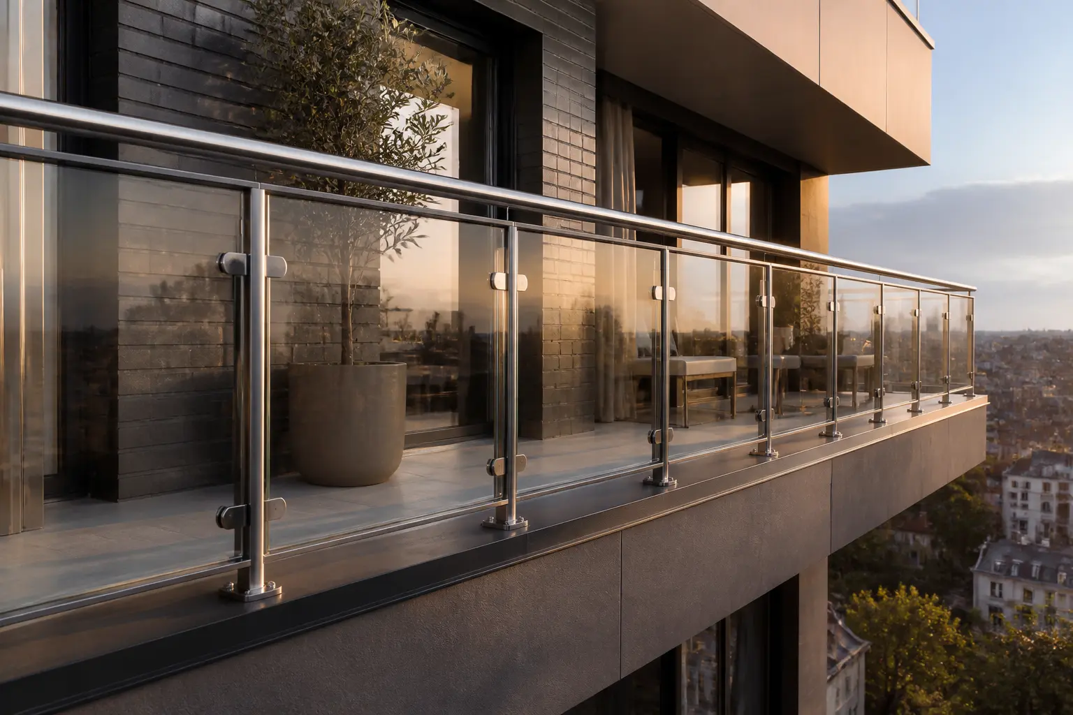 Garde corps pour balcon en métal et verre sur appartement moderne, vue urbaine, design sûr et élégant.