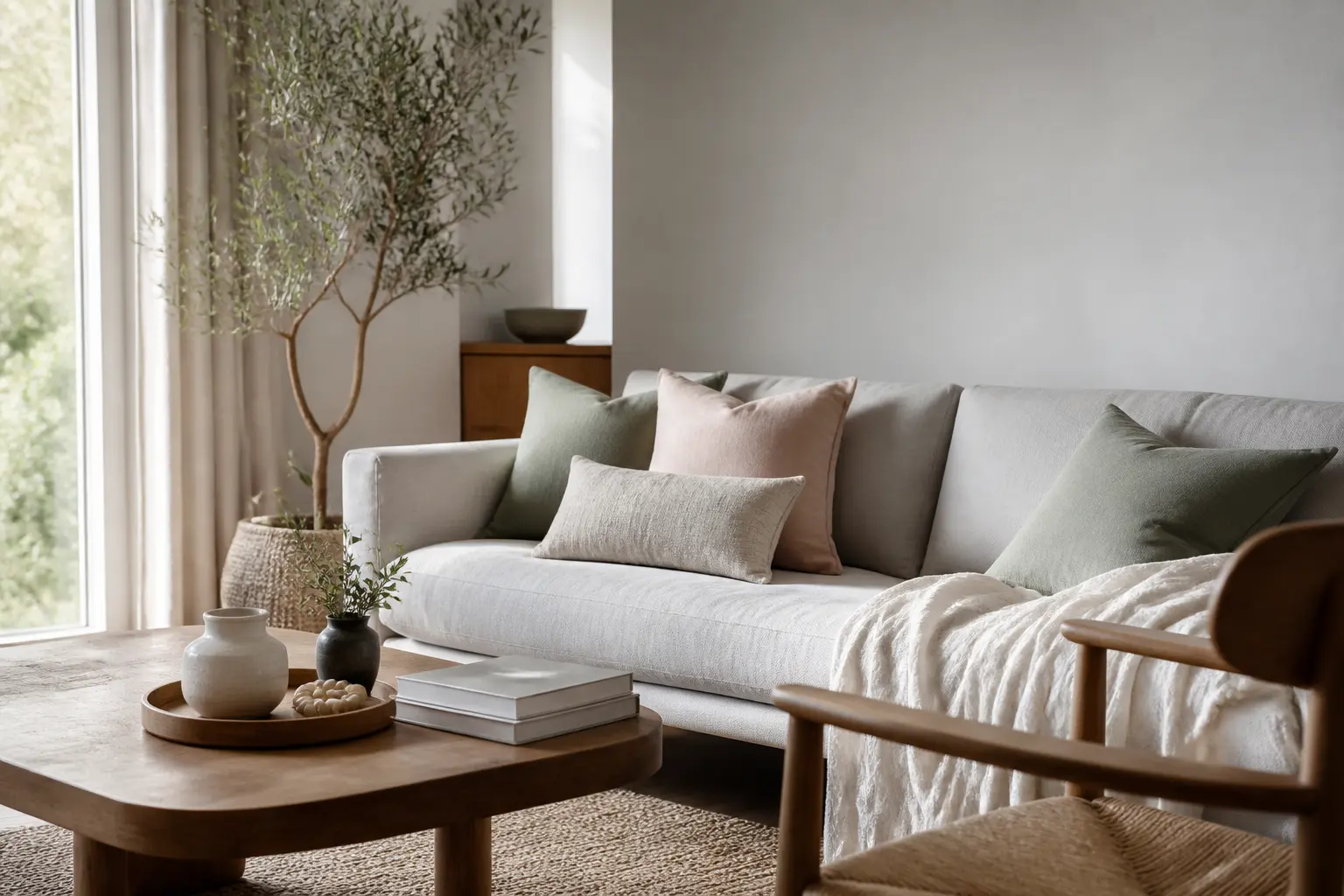 Salon moderne en gris perle couleur, mur nacré, canapé clair, bois naturel et lumière douce, style éditorial élégant