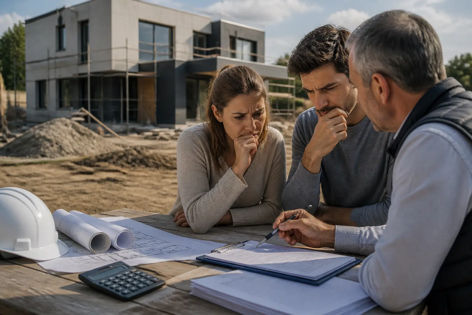 Indice bt01 : couple et constructeur examinent plans, contrat et calculatrice devant une maison en construction