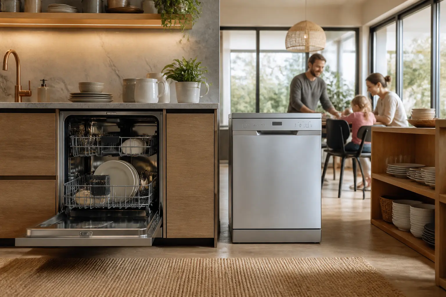 Cuisine moderne avec deux lave vaisselle comparatifs, modèle encastré silencieux et modèle pose libre, ambiance chaleureuse.