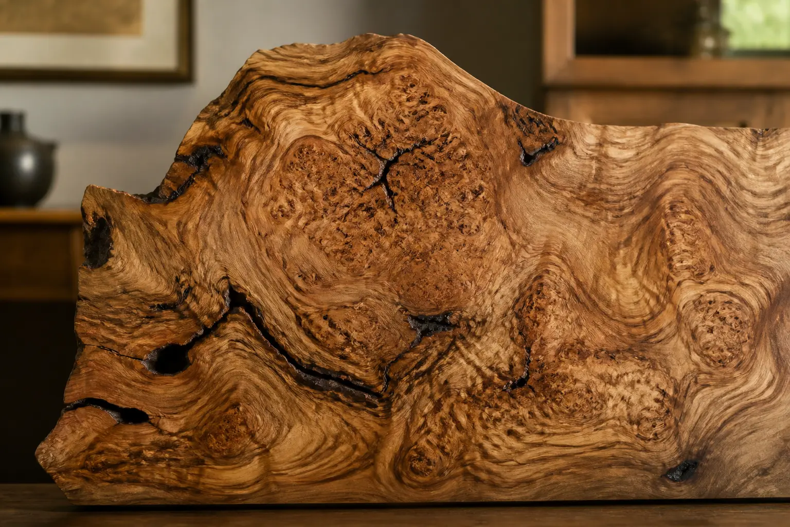 Loupe d'orme en gros plan, veinage tourbillonnant et textures riches d’un bois noble aux tons bruns et dorés.