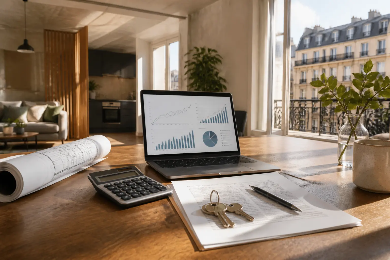 Marchand de biens dans un appartement rénové avec plan, calculatrice, ordinateur, clés et documents immobiliers