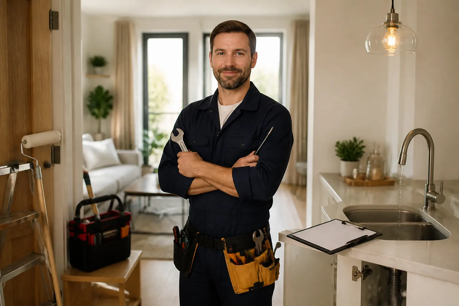 Artisan multi services dans un intérieur lumineux, réparant divers petits travaux domestiques avec outils et checklist.