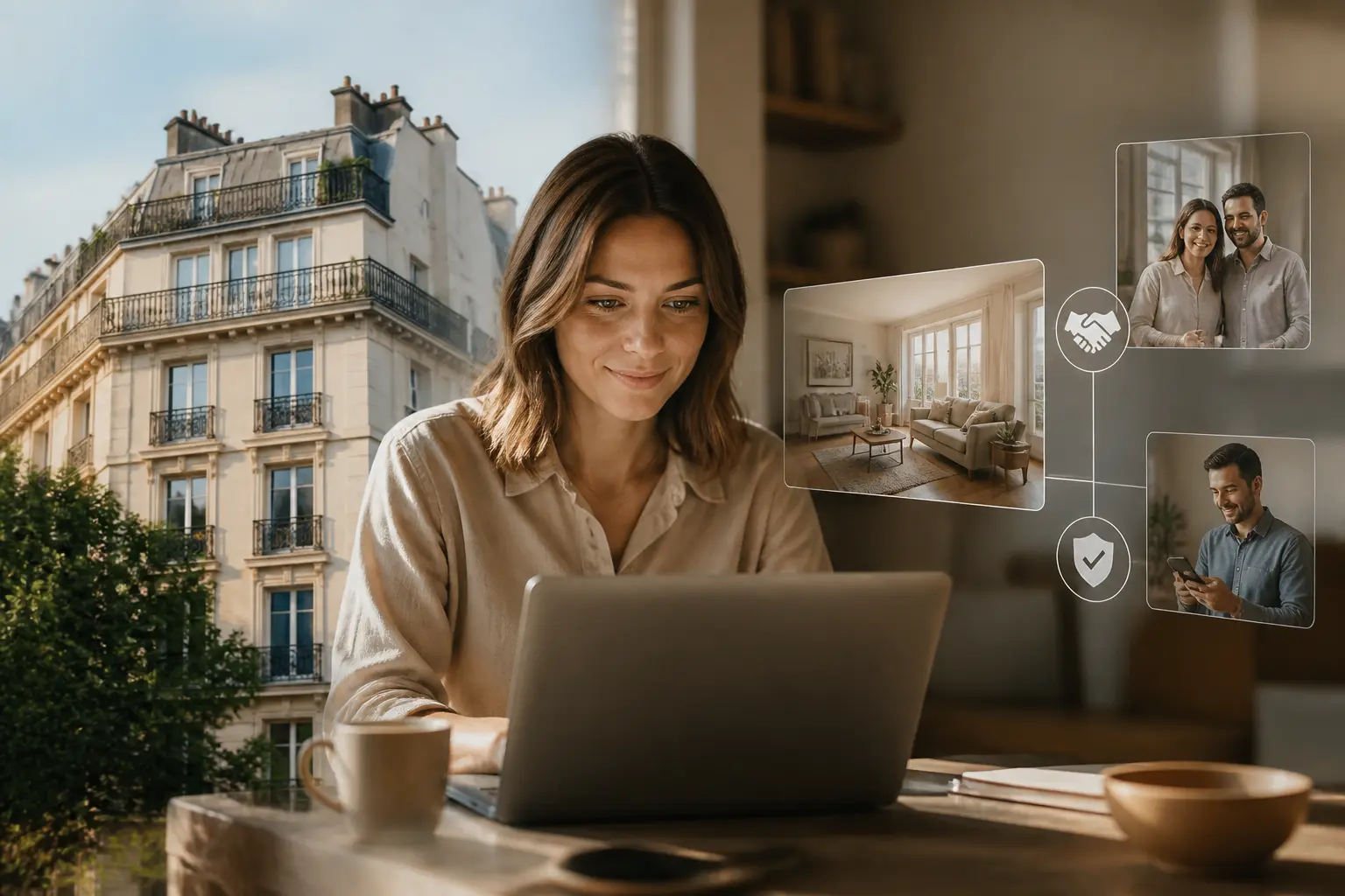 myimmoneeds : propriétaire devant un laptop, immeuble parisien moderne, contact direct et plateforme immobilière transparente
