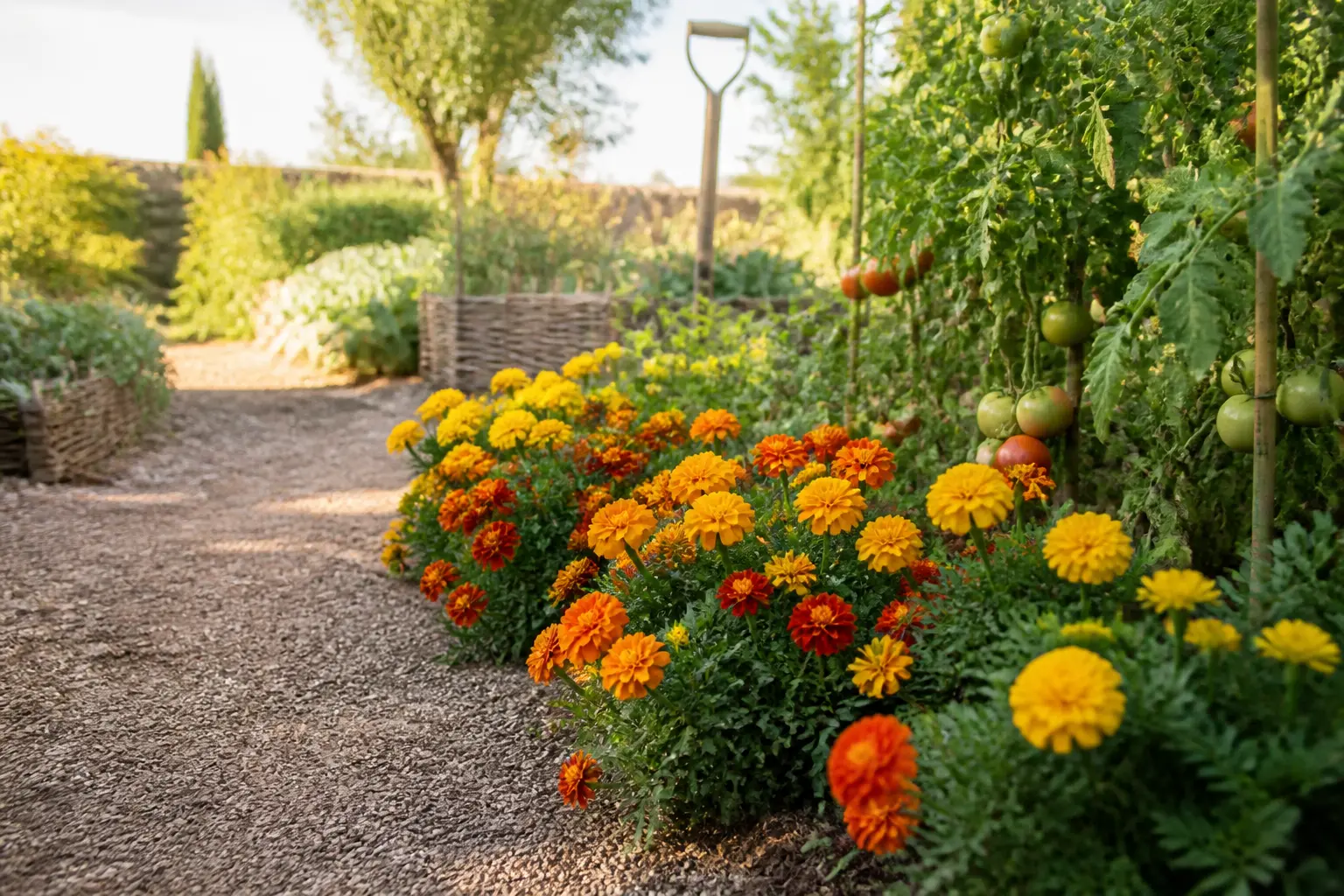 Oeillet d inde en bordure d’un potager français, près des tomates, fleurs jaunes et orange en pleine floraison