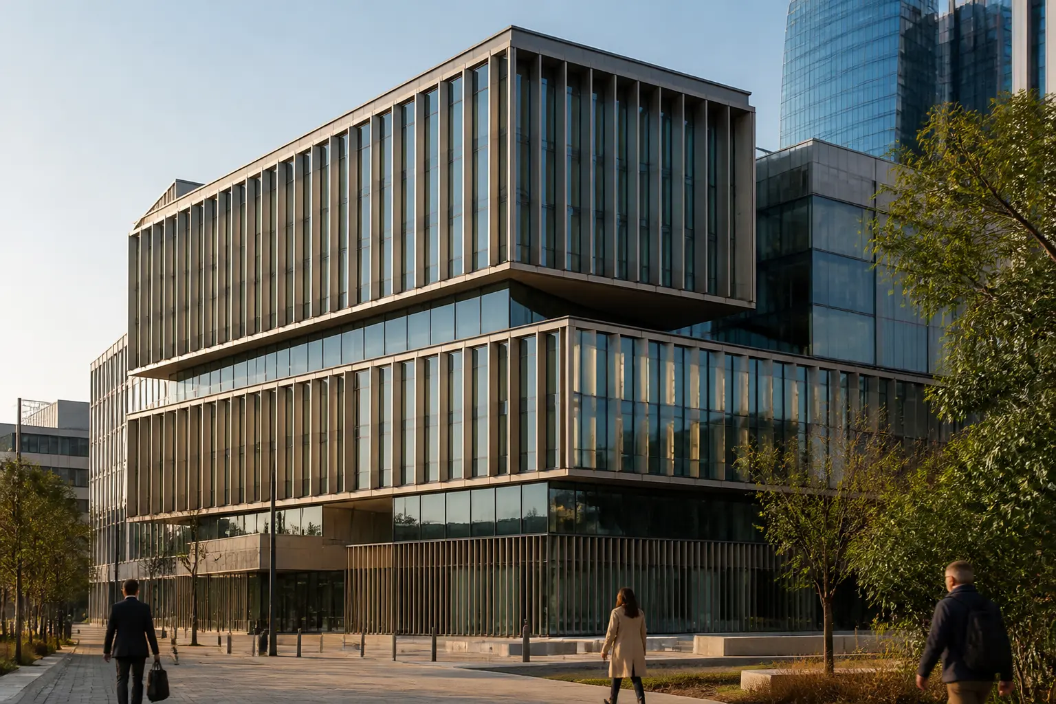 Bâtiment de bureaux moderne à Courbevoie près de La Défense, parallèle Enedis, ambiance urbaine et professionnelle