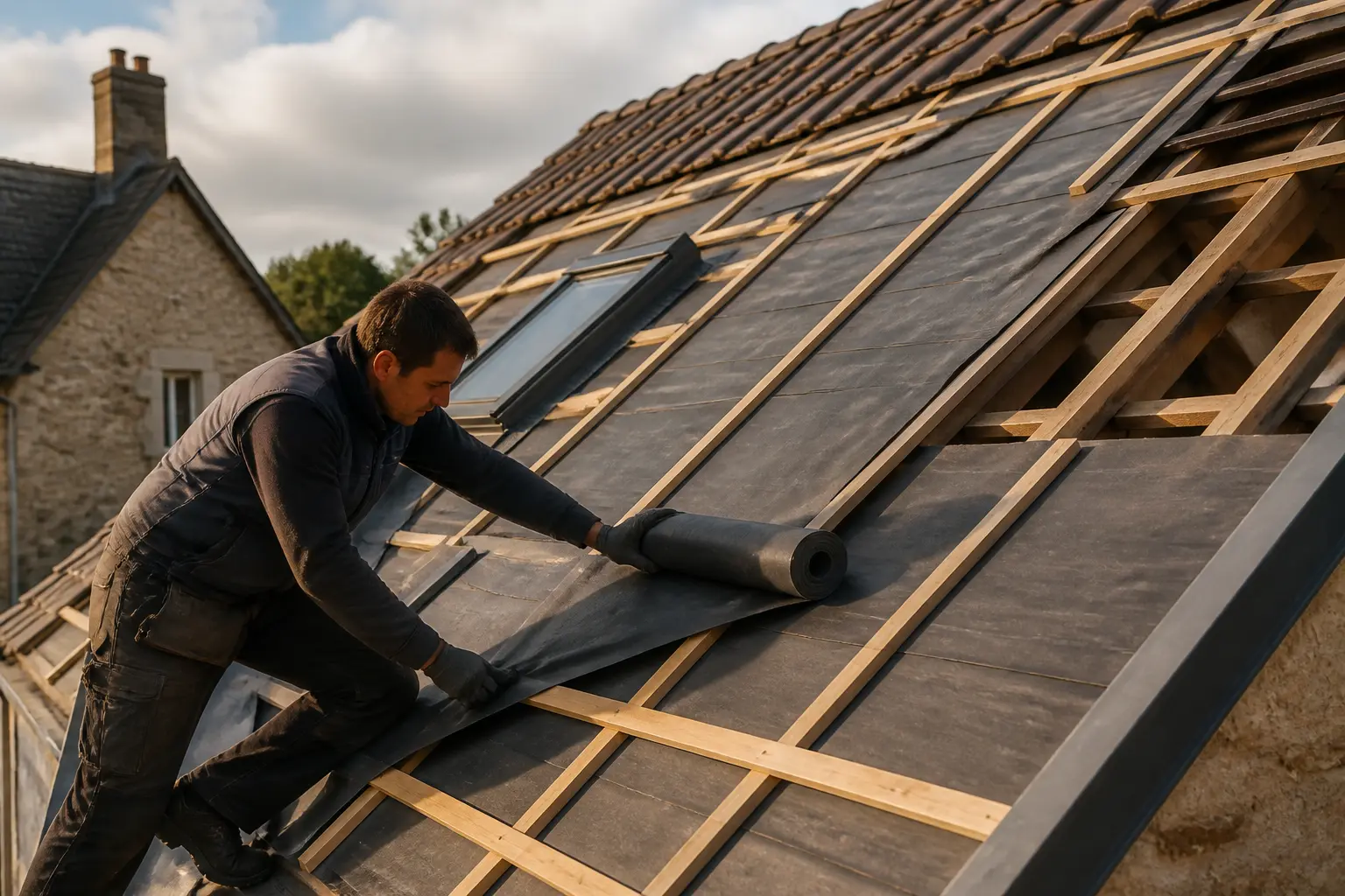 Pare pluie toiture sur toit en rénovation, ouvrier posant une membrane respirante sous tuiles, charpente visible