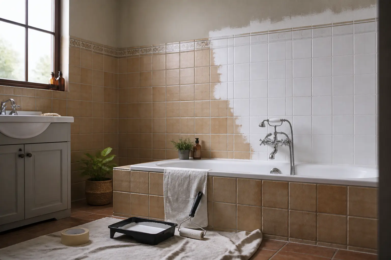 Peinture carrelage salle de bain dans une salle de bain ancienne, carrelage rénové, outils de peinture et lumière naturelle