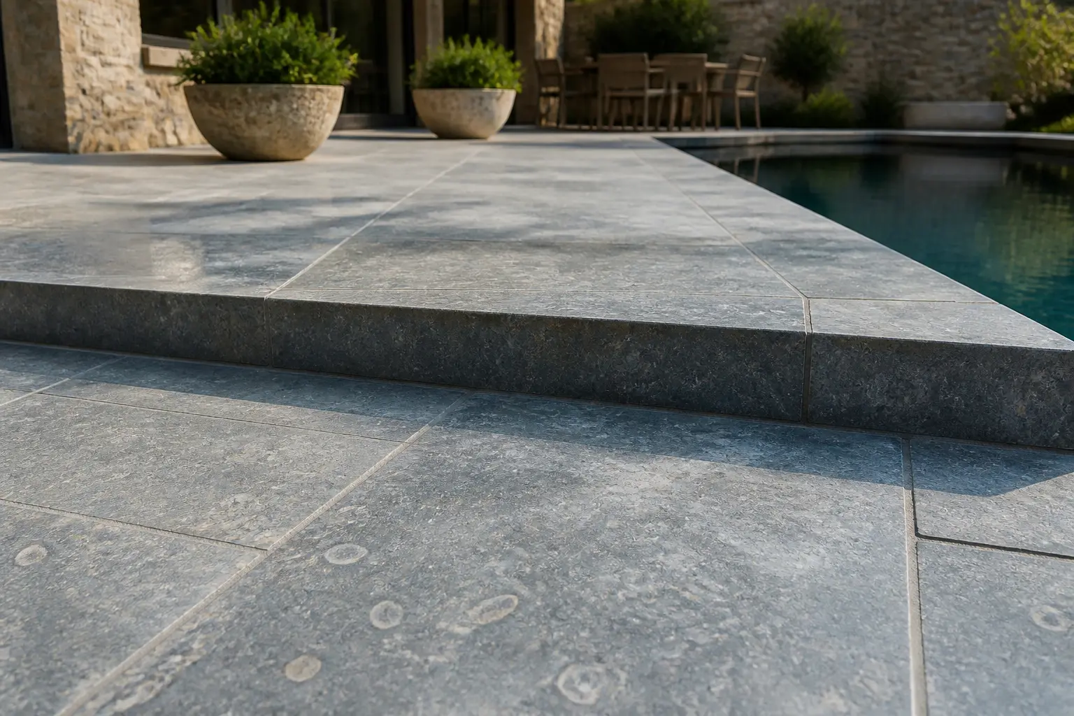 Terrasse extérieure en pierre bleu, dalles calcaires bleu-gris, marche et bord de piscine au style naturel élégant