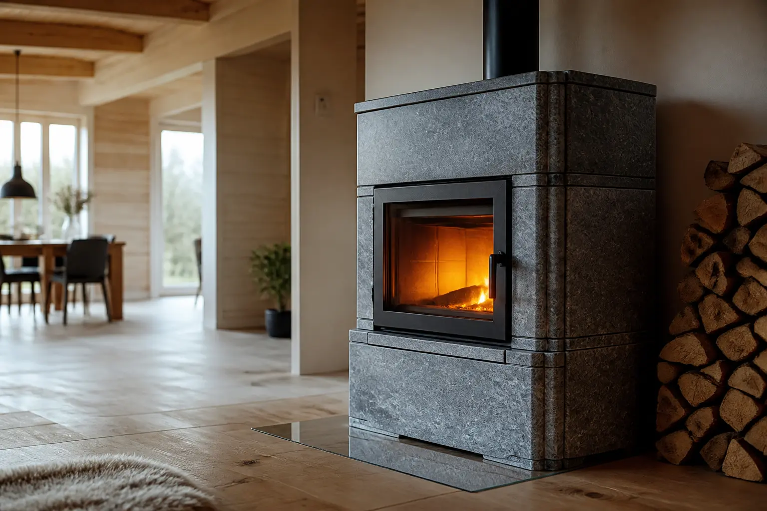 Poele de masse moderne en pierre dans un salon cosy, chaleur douce, bois à proximité, style scandinave rustique.