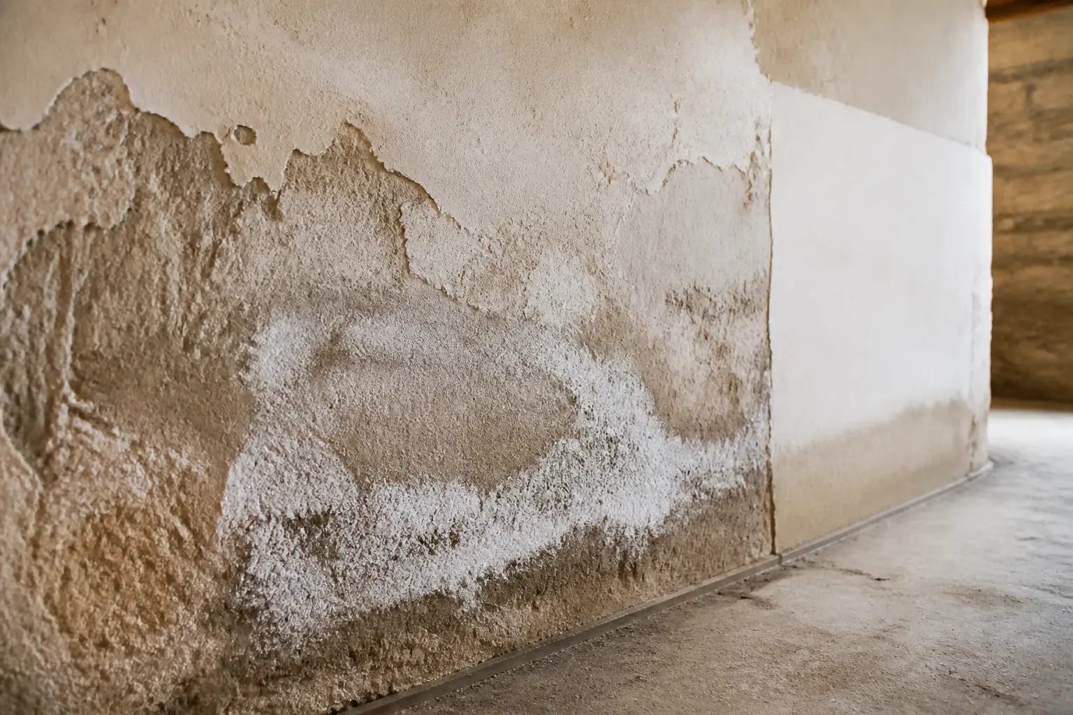 Salpêtre sur un mur humide d’une vieille maison, peinture écaillée et plâtre abîmé, avec zone partiellement réparée