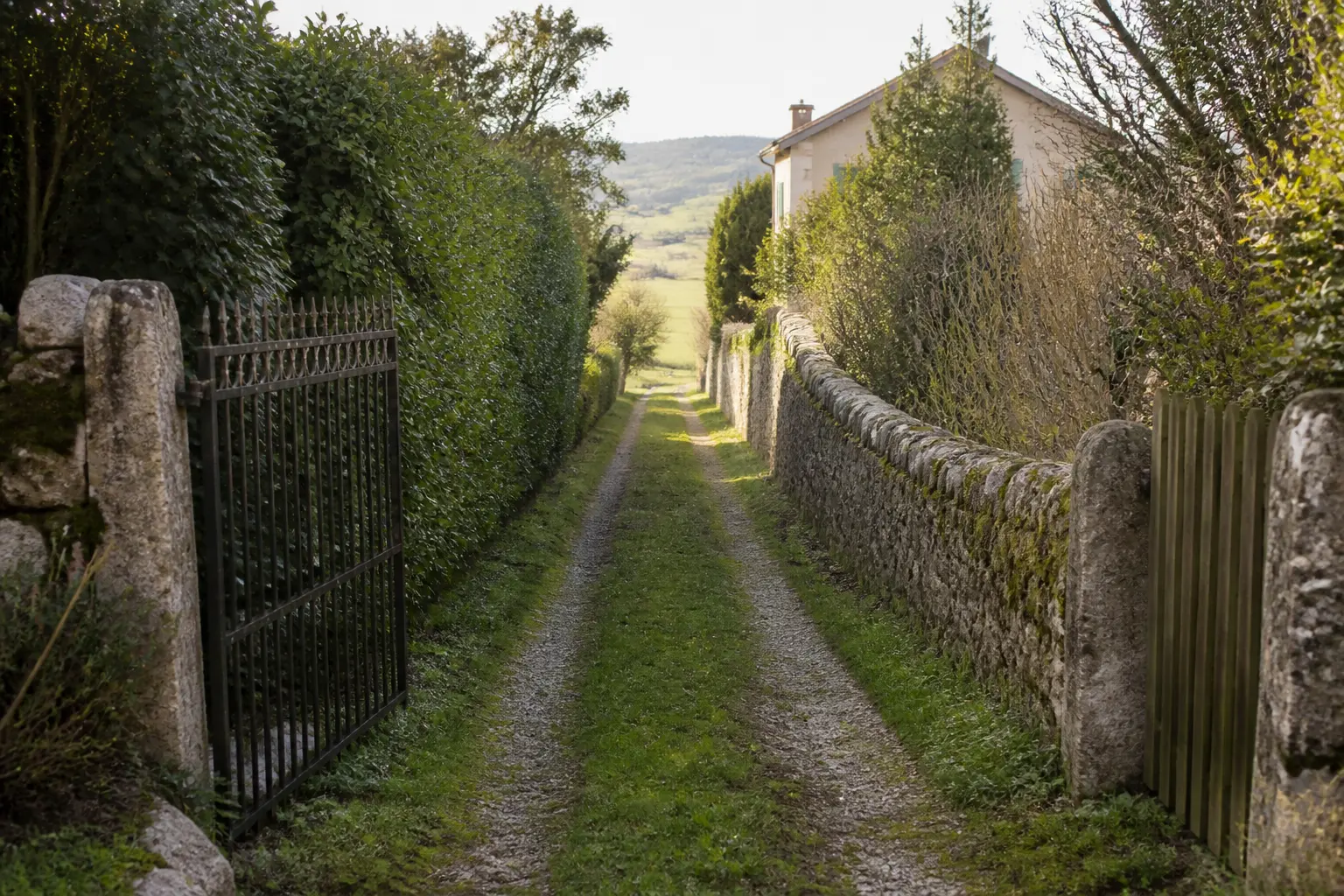 Servitude de passage entre deux parcelles rurales, allée étroite menant à une maison isolée, clôture et haie, lumière naturelle.