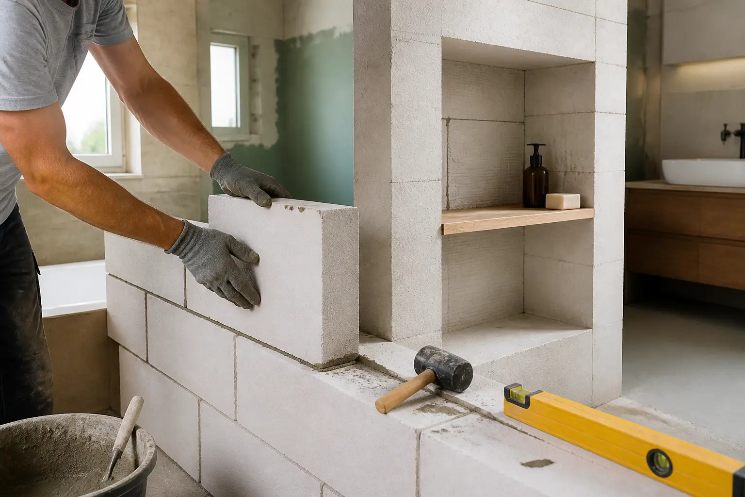 Siporex en rénovation intérieure : maçon posant des blocs pour une cloison et une niche, outils à proximité.