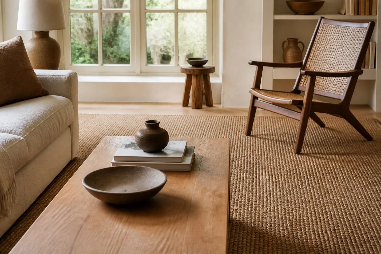 Salon élégant avec tapis sisal naturel, fauteuil en bois, canapé sobre et lumière douce sur sol texturé.