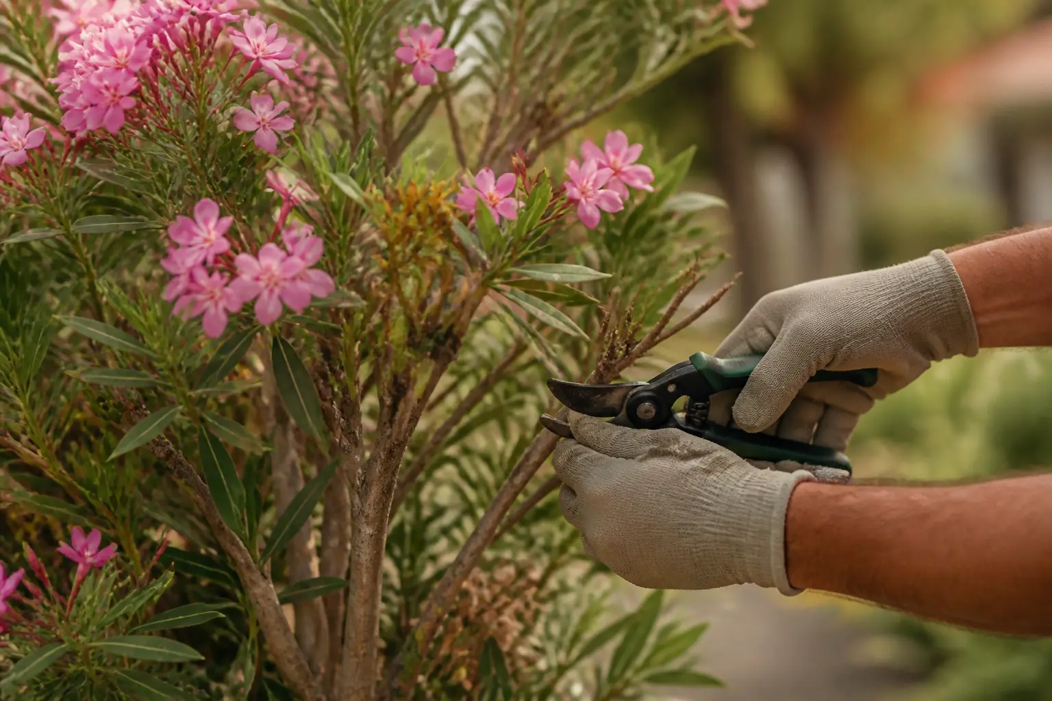 Taille laurier rose en jardin français, mains gantées taillant un arbuste fleuri, fleurs roses et feuillage vert.