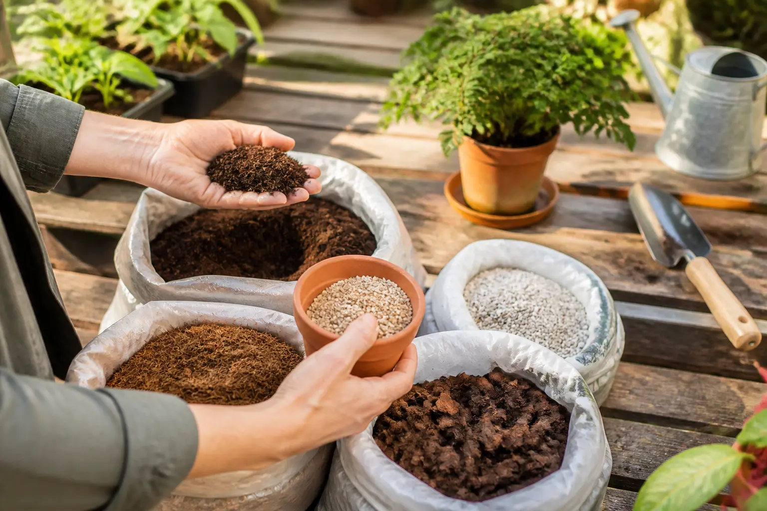 Mains de jardinier comparant du terreau et divers substrats dans des sacs, avec jeunes plants sur un établi rustique.