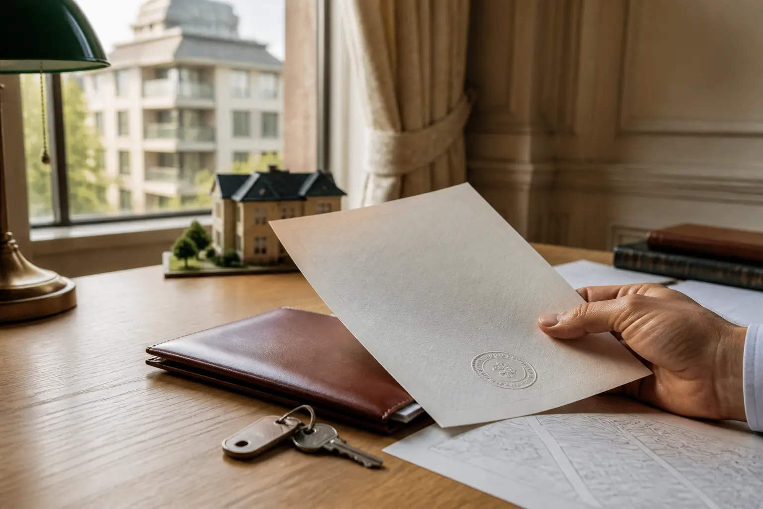 Titre de propriété et documents notariés sur bureau élégant, avec clé, dossier et maison en arrière-plan.